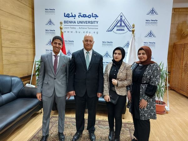 president of Benha University and his deputies receive the students who won training scholarships at the American University of Louisville